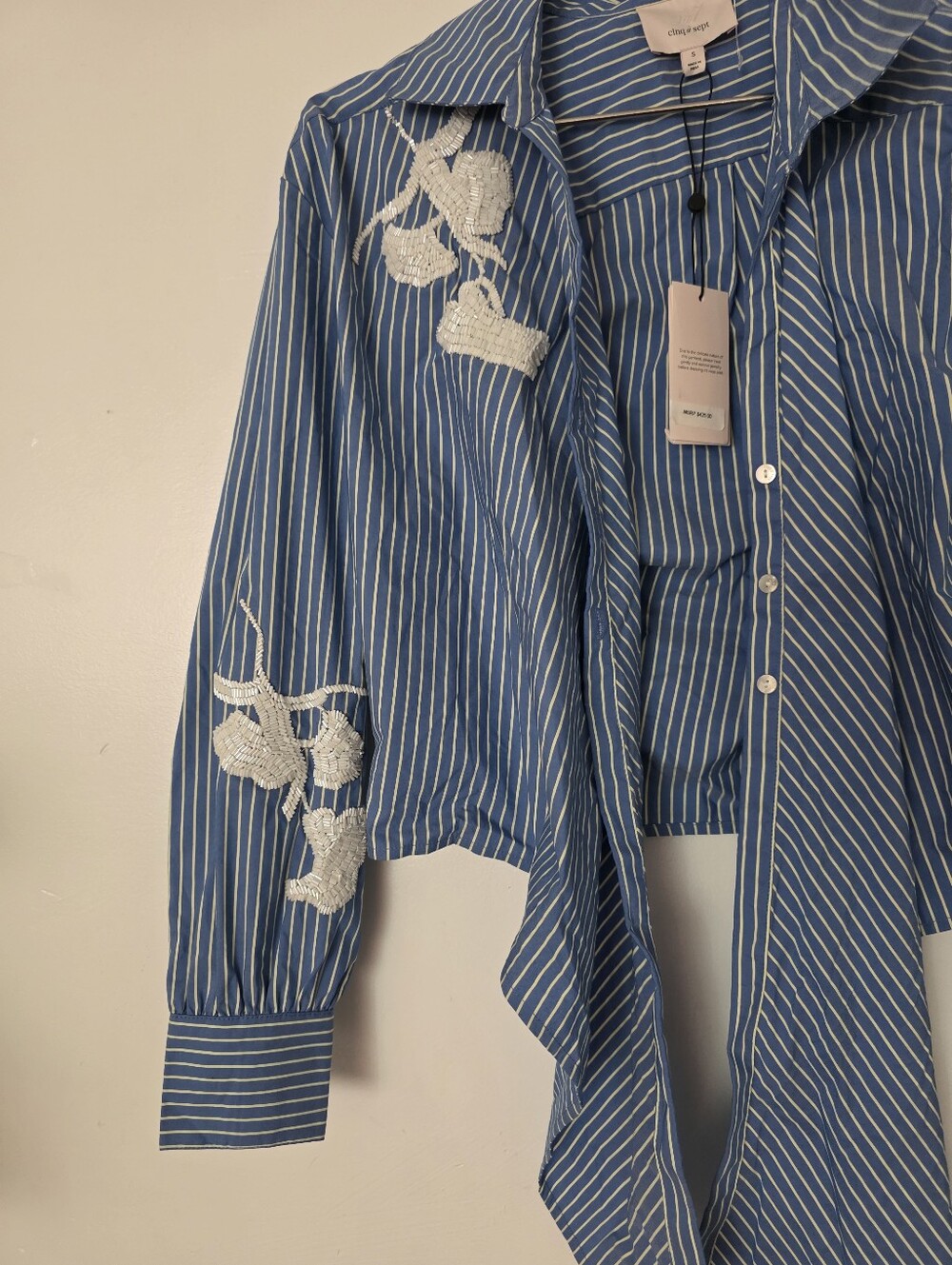 cinq à sept Blue and White Striped Tie-Front Shirt with Beaded Floral - Picture 6 of 12